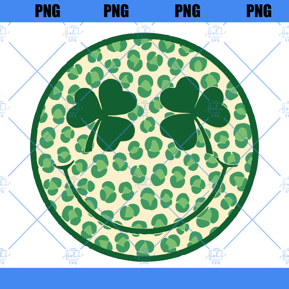 Happy St. Patrick's Day png Shamrock Png St Patty's png Retro Shamrock Leopard print png Leopard happy face png smile Digital PNG