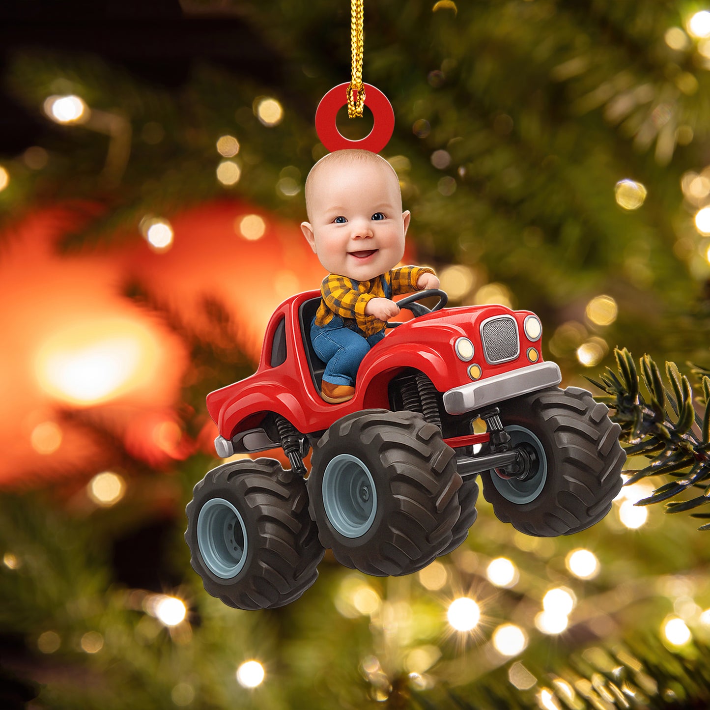 Custom Face Kid Riding Monster Truck - Gifts For Toddler, Kids - Personalized Acrylic Photo Ornament