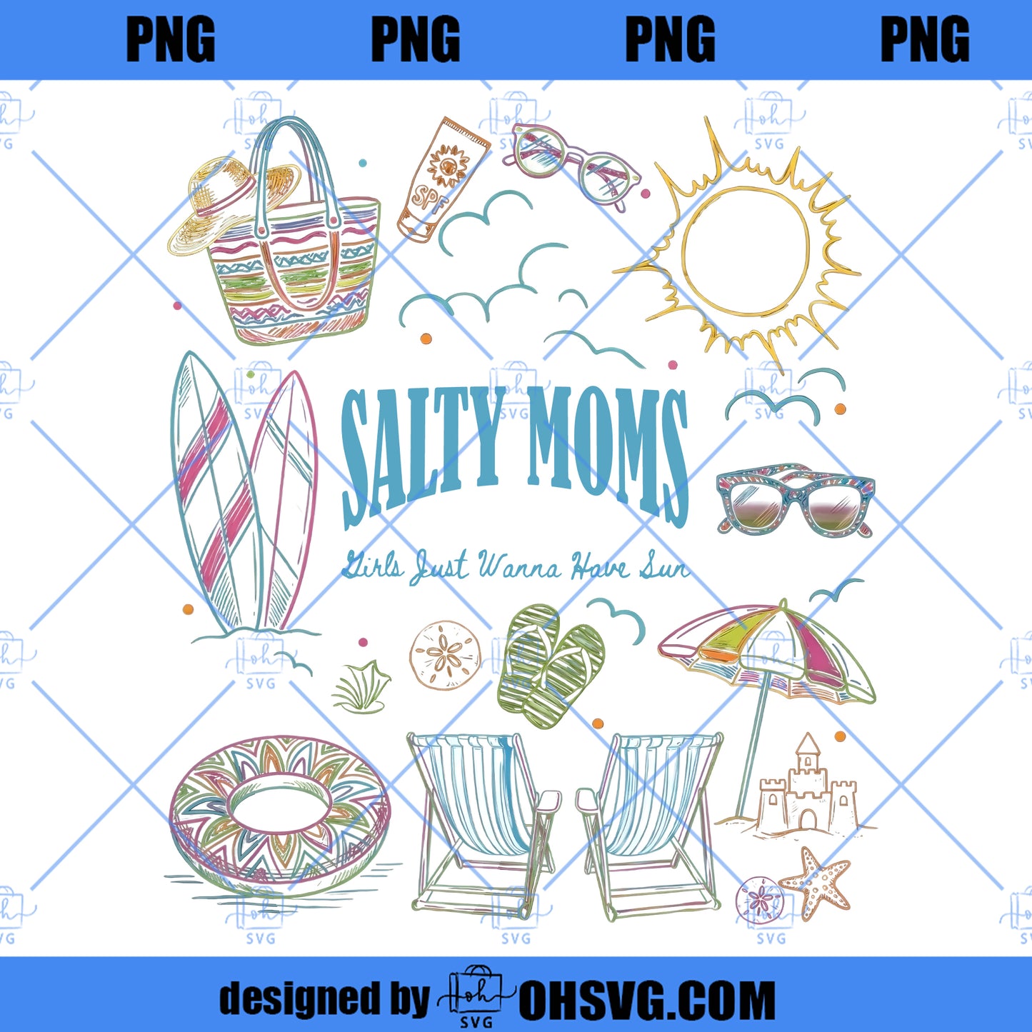 Salty Moms Beach Club PNG, Retro Summer Mom Graphic (Digital Download)