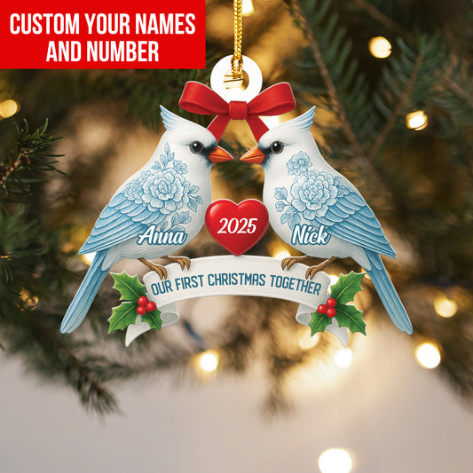 Couple Cardinal Toile de Jouy Ornament, Custom Couple Cardinal Ornament