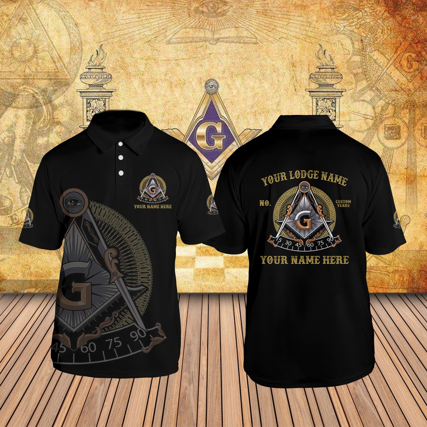 Custom Lodge Name Number Masonic Past Master Sun Freemason 3D Polo Shirt S-5XL Customize Name, Lodge Name and Number Black and Rose Gold Freemason 3D All Over Print Polo Shirt Size S-5XL