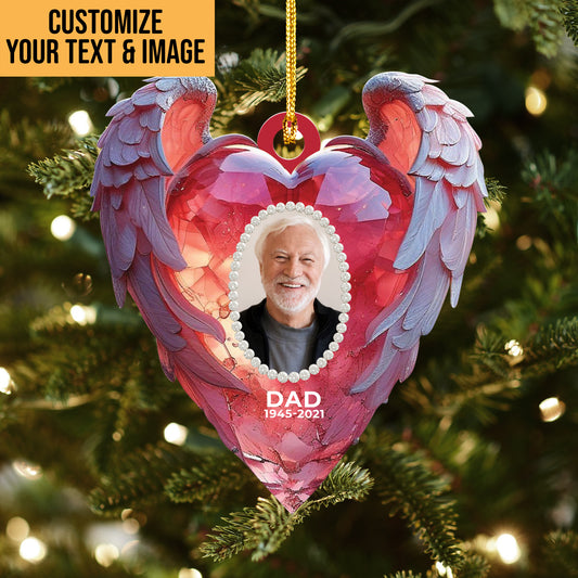 Personalized Memorial Christmas Photo Ornament - Always in Our Hearts - Heart-Shaped Angel Wing Design