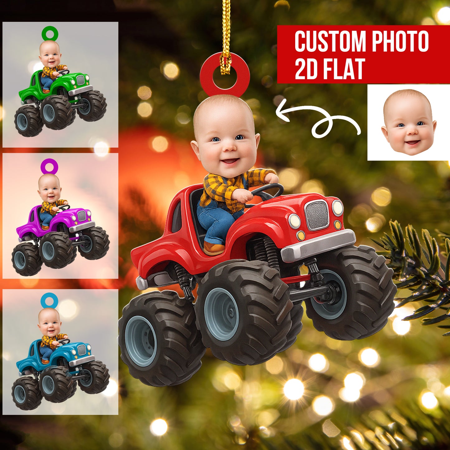 Custom Face Kid Riding Monster Truck - Gifts For Toddler, Kids - Personalized Acrylic Photo Ornament