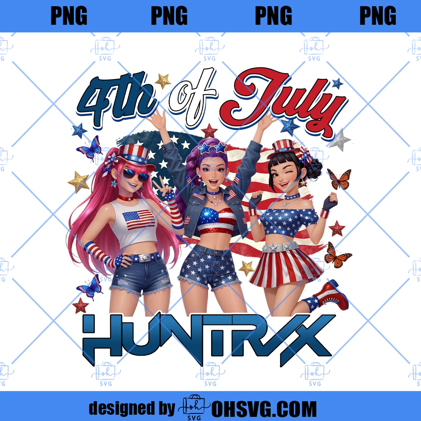 Trendy 4th of July K Pop Girl Group Png, Patriotic Idol Squad Png, Independence Day Cartoon Band, USA Fireworks Graphic