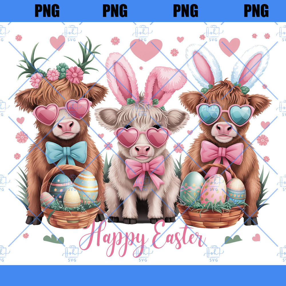 Easter Day Highland Cow PNG, Cute Cow Easter Png, Retro Easter Png, Happy Easter Sublimation Design, Digital Download