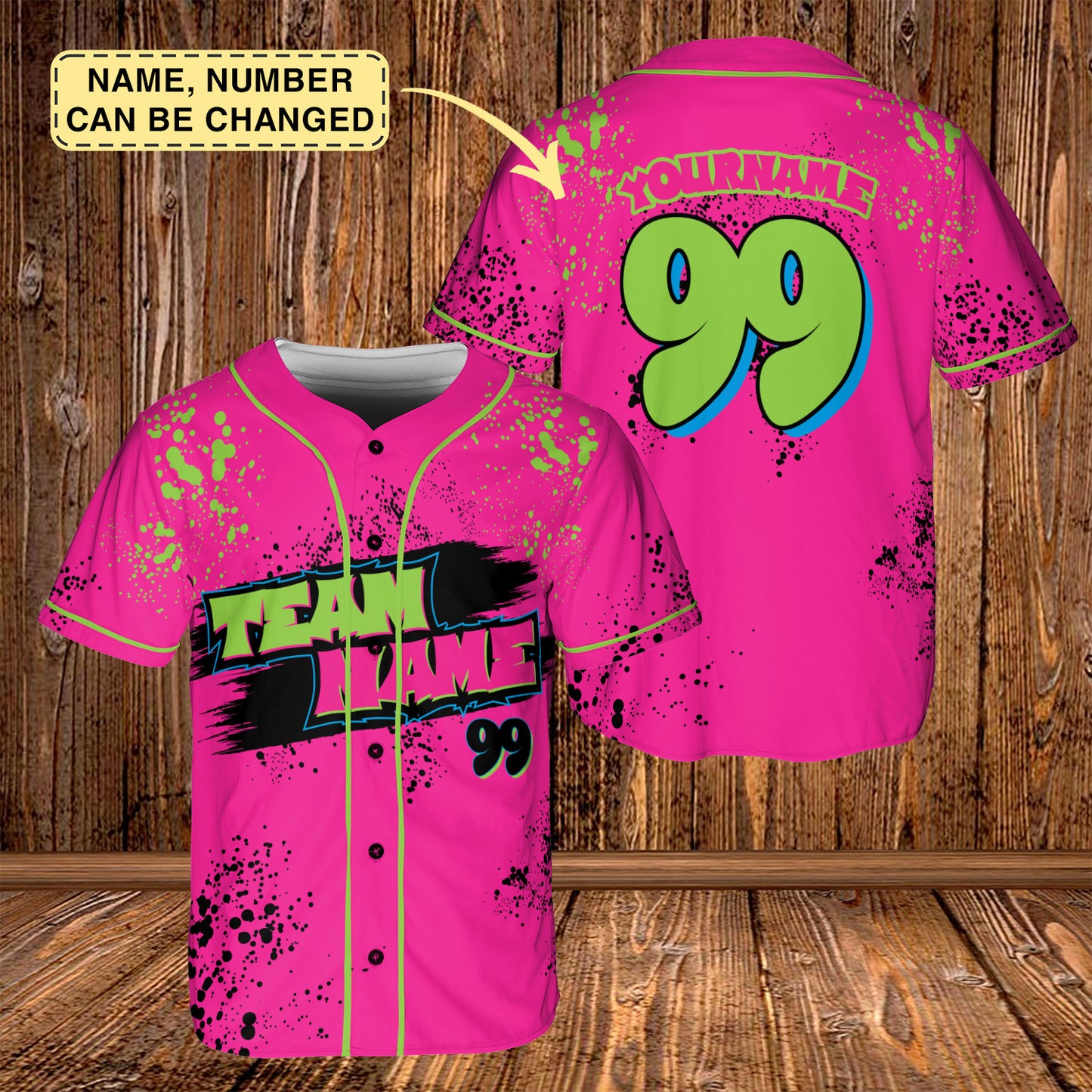 Animals Baseball Jersey, Monkey Team Custom Name And Number Baseball Jersey, Pink And Black Paint Splatter Jersey, Team Party Uniform