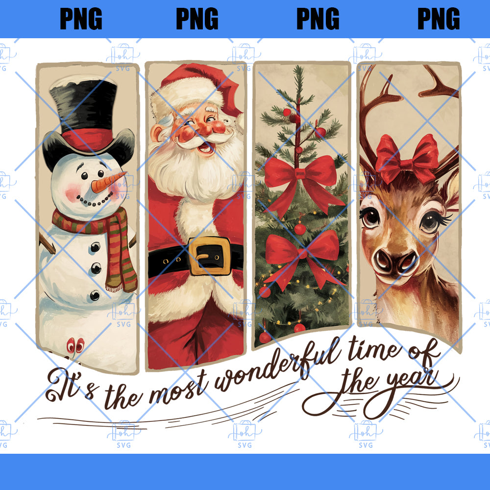 It's the most wonderful time of the year png, Santa Claus png, Vintage Christmas png, Christmas Coquette bow png, Reindeer snowman png