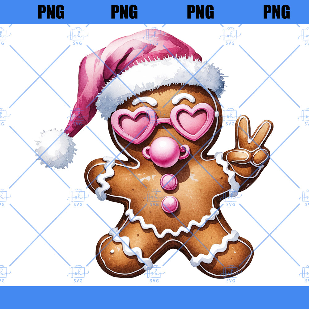 Retro Gingerbread Pink Christmas blowing bubble png Christmas Sublimation Digital Design Download,Vintage Christmas Png Santa Sunglasses