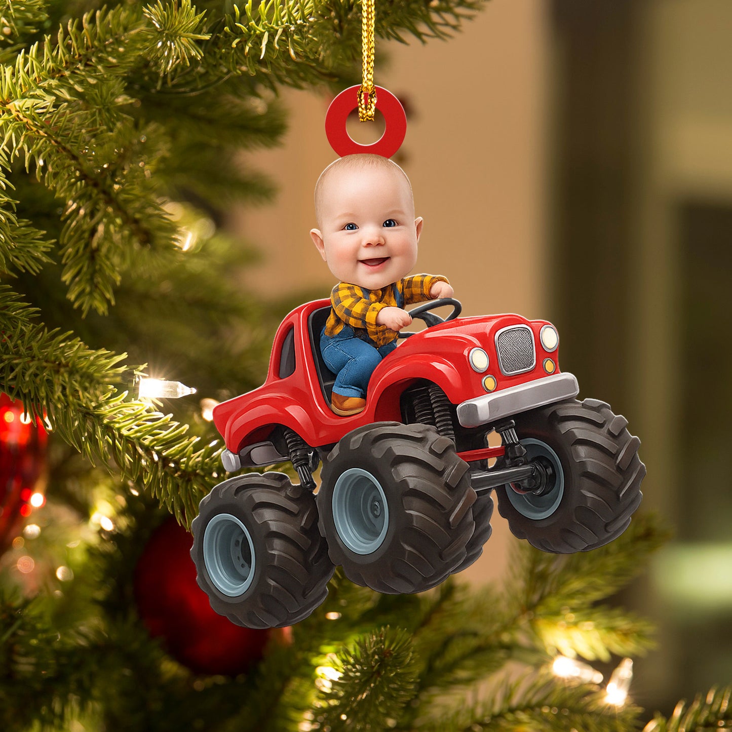 Custom Face Kid Riding Monster Truck - Gifts For Toddler, Kids - Personalized Acrylic Photo Ornament