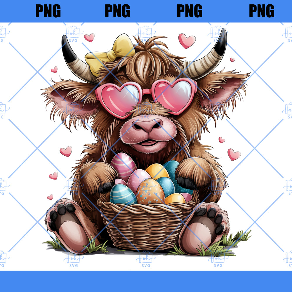 Easter Day Highland Cow PNG, Cute Cow Easter Png, Retro Easter Png, Happy Easter Sublimation Design, Digital Download