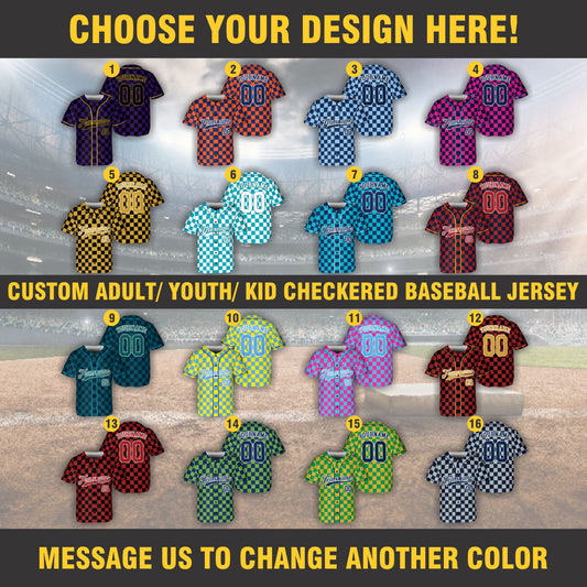 Checkered Custom Baseball Jersey with Team Name Number, Personalized Jersey Shirt For Men Women Youth Kid, Gifts for Baseball Fans