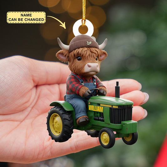 Personalized Highland Cow Ride Trucktor Ornament, Highland Cow Ornament, Funny Cattle Ornament, Highland Cow Lovers Gift