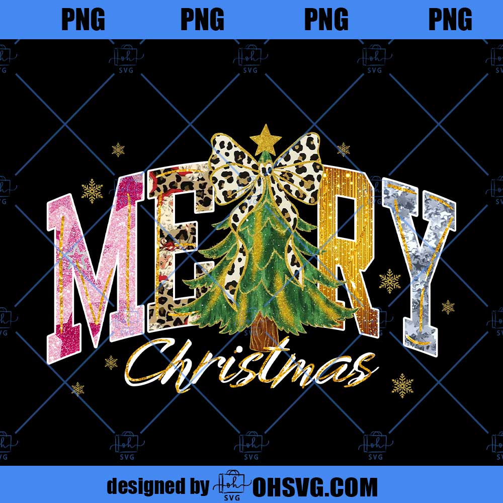 Coquette Merry Christmas png, Checkered Star Leopard Letters Christmas png, Faux Glitter Png, Christmas Tree Xmas Holiday PNG
