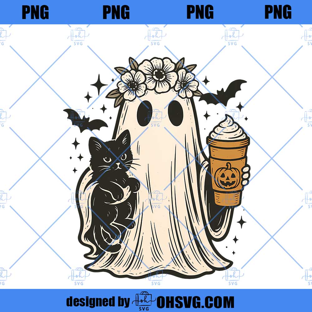 Cute Halloween Ghost with Cat Fall Coffee Png