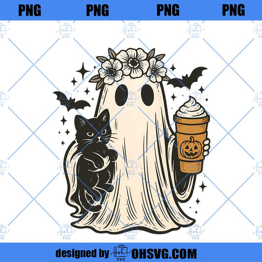 Cute Halloween Ghost with Cat Fall Coffee Png