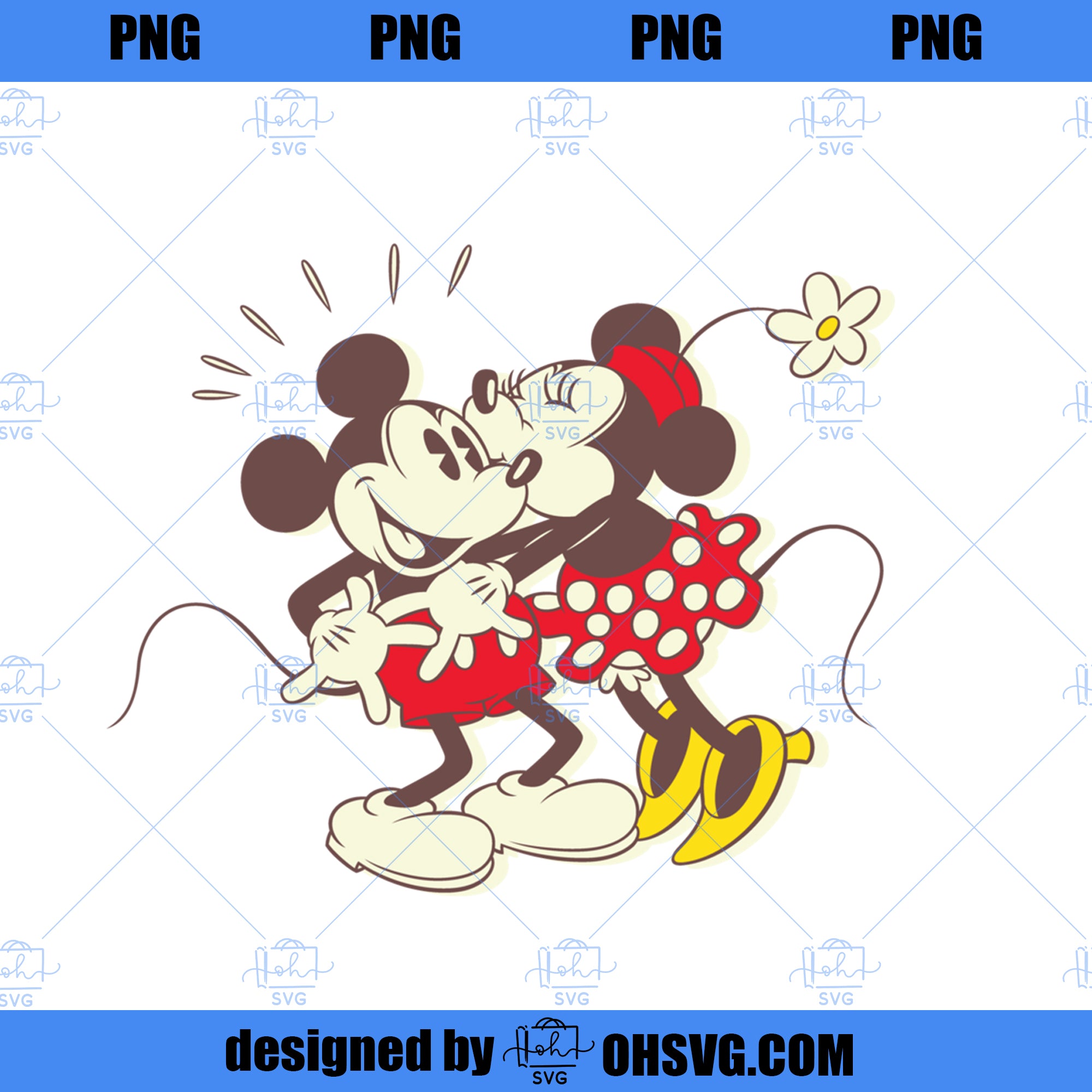 Vintage-inspired illustration of Minnie kissing Mickey Mouse