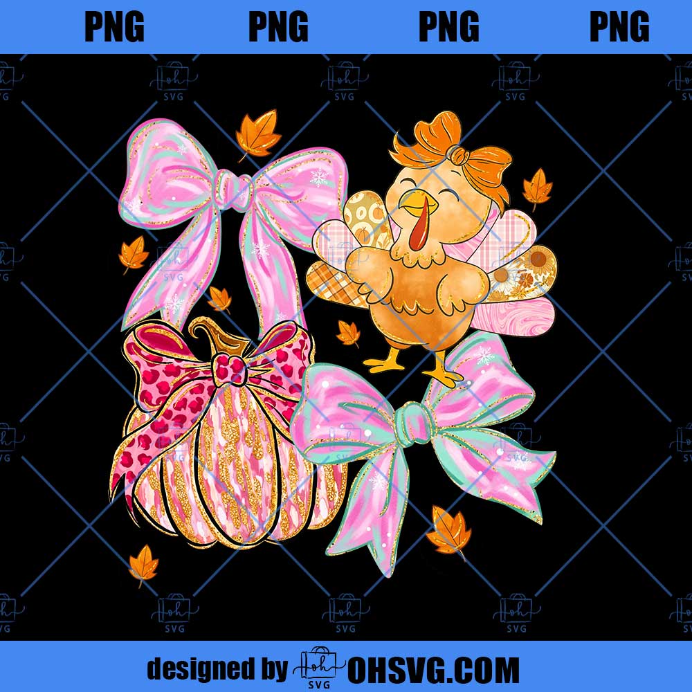 Floral Fall Turkey Coquette Png, Thanksgiving Gobble PNG, Preppy Pumpkin Bow Png, Pink Pumpkin Brushstroke Png, Fall Coquette Bow Png