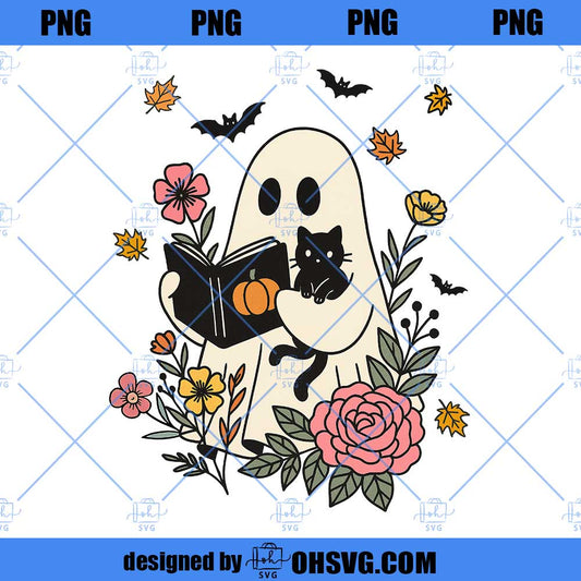 Halloween Ghost Reading Book Cat Flowers PNG