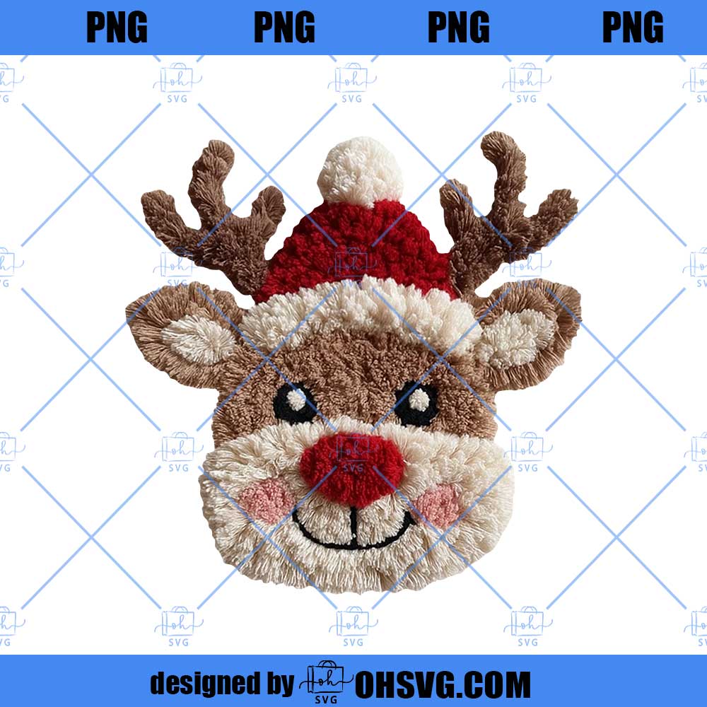 Latch Hook Yarn Crochet Red Nose Reindeer PNG File, Christmas Winter Holiday PNG