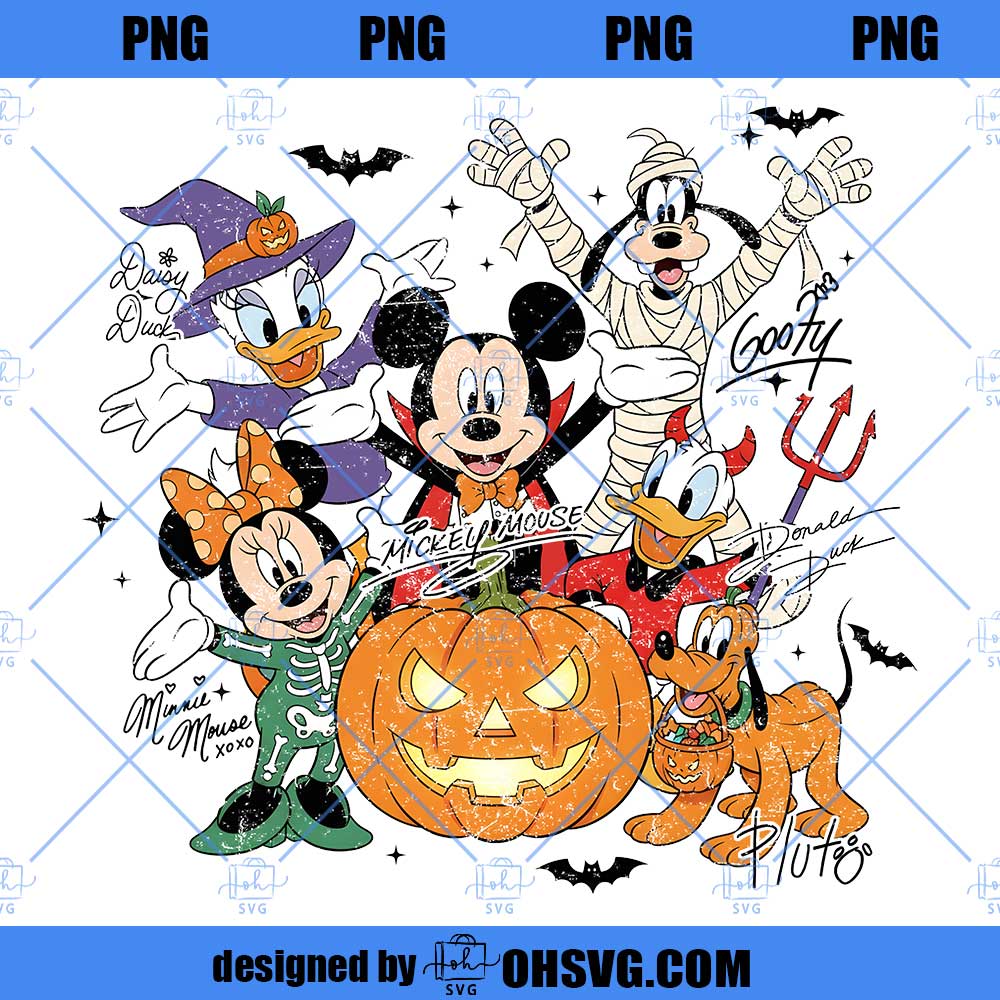 Retro Mickey & Friends with Signs Halloween PNG