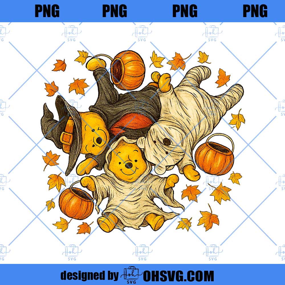 Retro Halloween Bear Png Bundle, Cute Horror Movie Character Png