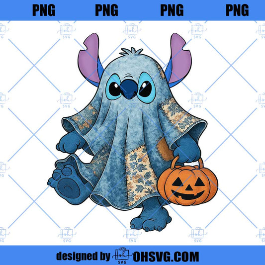 Retro Halloween Blue Denim Ghost Png, Trendy Patchwork Spooky Ghost Png