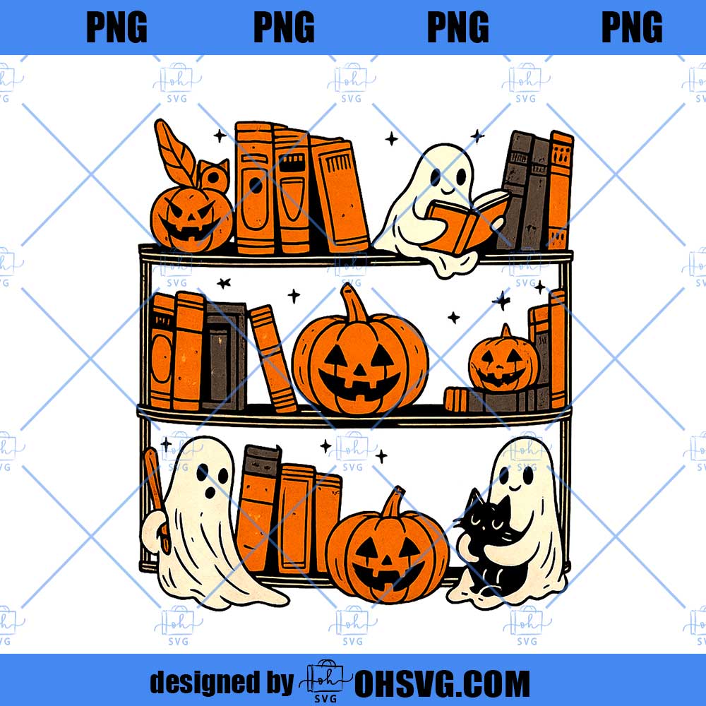 Retro Halloween Bookshelf Png, Boo Ghost Reading Book Png, Cute Halloween PNG
