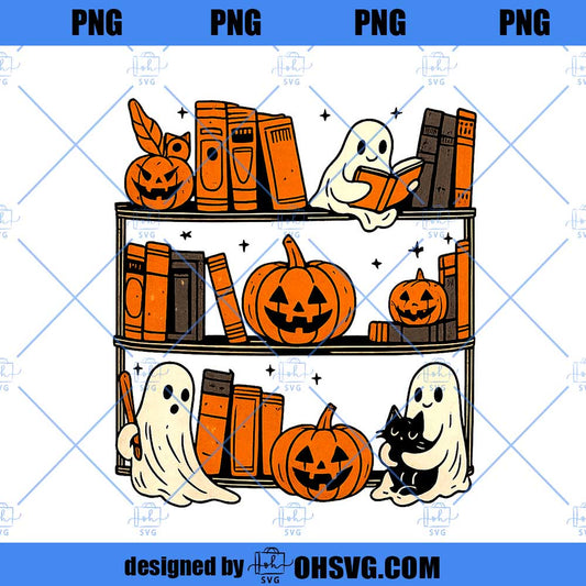 Retro Halloween Bookshelf Png, Boo Ghost Reading Book Png, Cute Halloween PNG