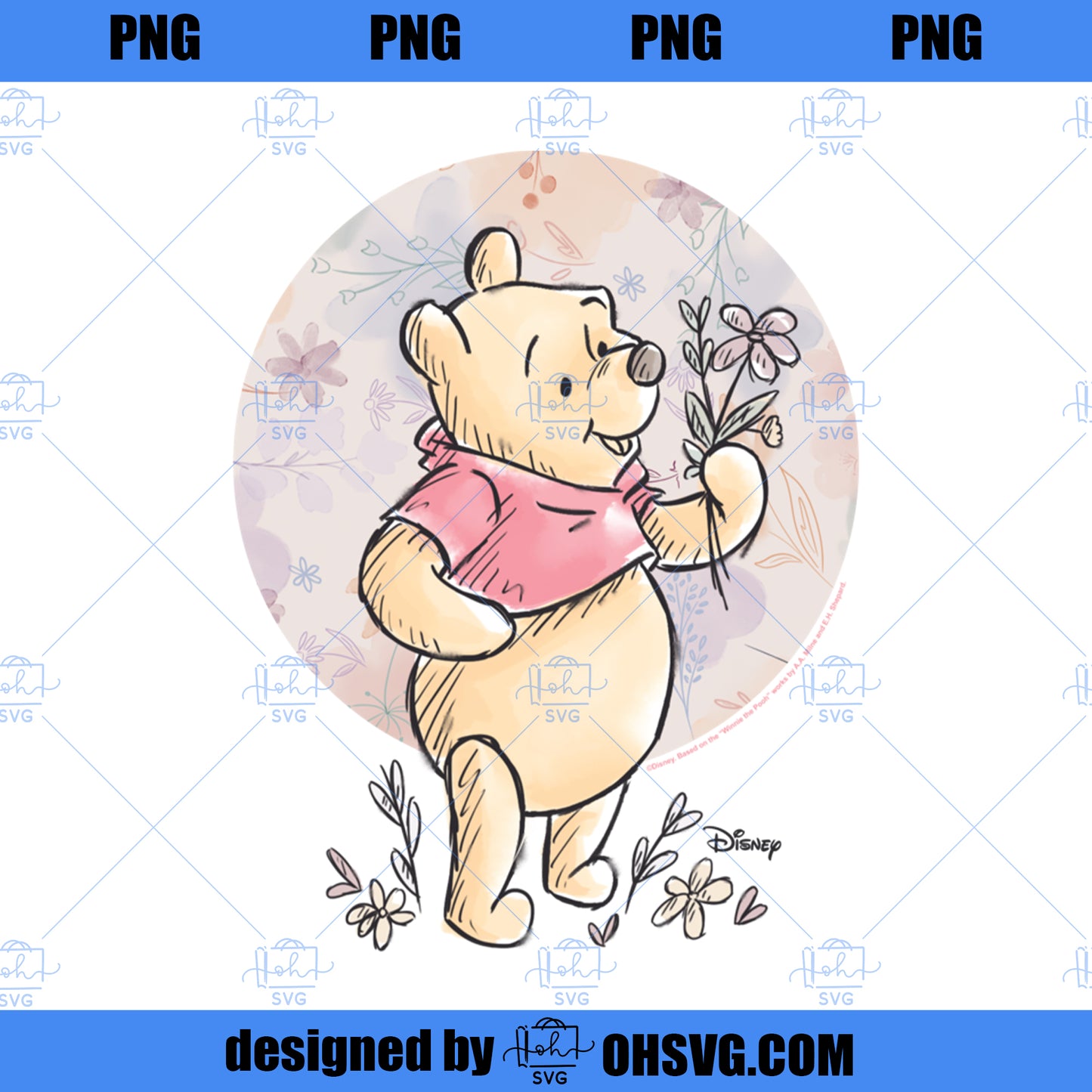 Winnie the Pooh Floral Circle Pooh PNG, Disney PNG, Winnie PNG