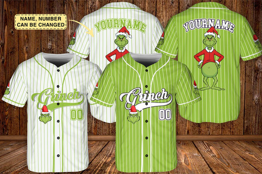 Personalized Grinch Christmas Baseball Jersey, Custom The Grinch Jersey, Holiday Team Outfit, Funny Xmas Gift for Fans