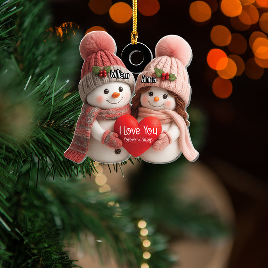 Personalized Couple Snowman Christmas Ornament, Custom Name Holiday Tree Decoration with Love Message, Romantic Gift for Couples & Newlyweds