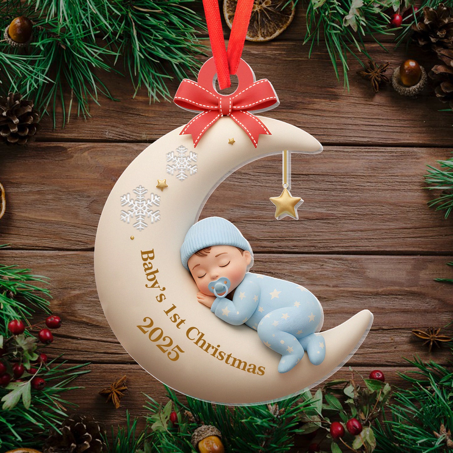 Custom Baby First Christmas Ornament, Moon Sleeping Design, Personalized Acrylic Keepsake, Unique Newborn Gift, Holiday Tree Decoration