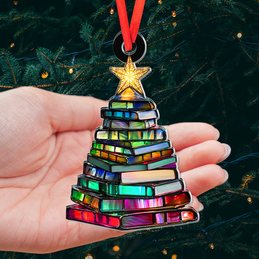 Acrylic Book Christmas Tree Suncatcher, Colorful Stained Glass-Style Ornament with Rainbow Books, Unique Holiday & Home Decor