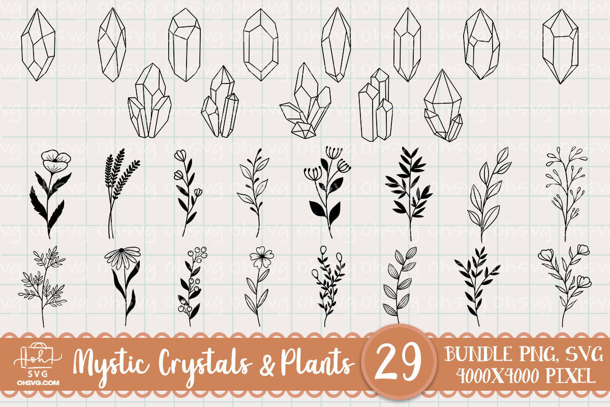 Hand Drawn Crystals & Plants Sublimation SVG, Fantasy SVG, Mystical Moon SVG, Magic Art SVG