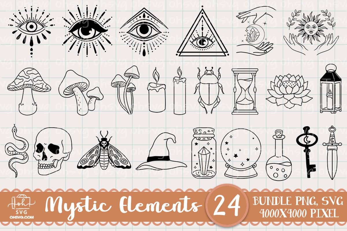 Hand Drawn Mystic Elements Sublimation SVG, Fantasy SVG, Mystical Moon SVG, Magic Art SVG
