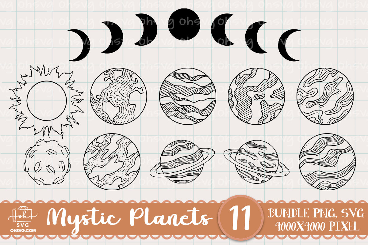 Hand Drawn Mystic Planets Sublimation SVG, Fantasy SVG, Mystical Moon SVG, Magic Art SVG