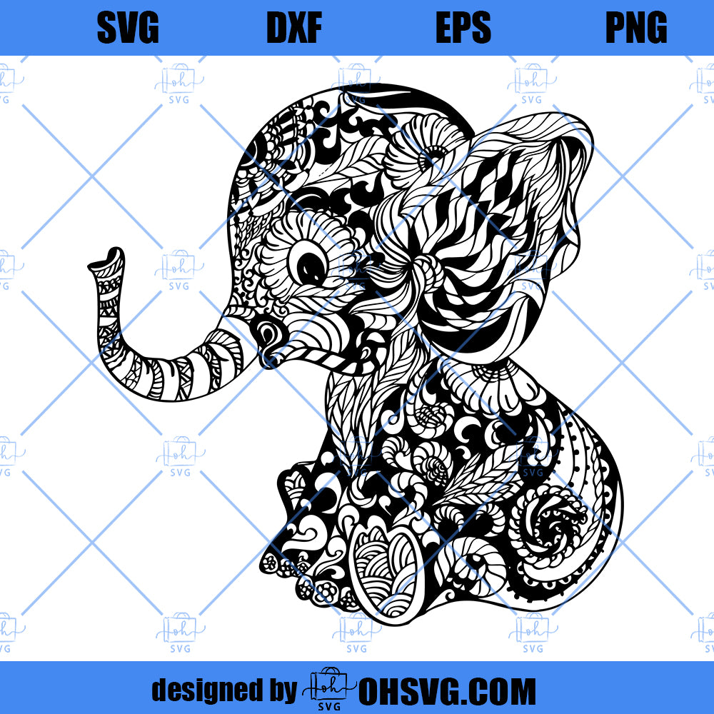 Elephant Mandala SVG, Baby Elephant SVG PNG DXF Cut Files For Cricut