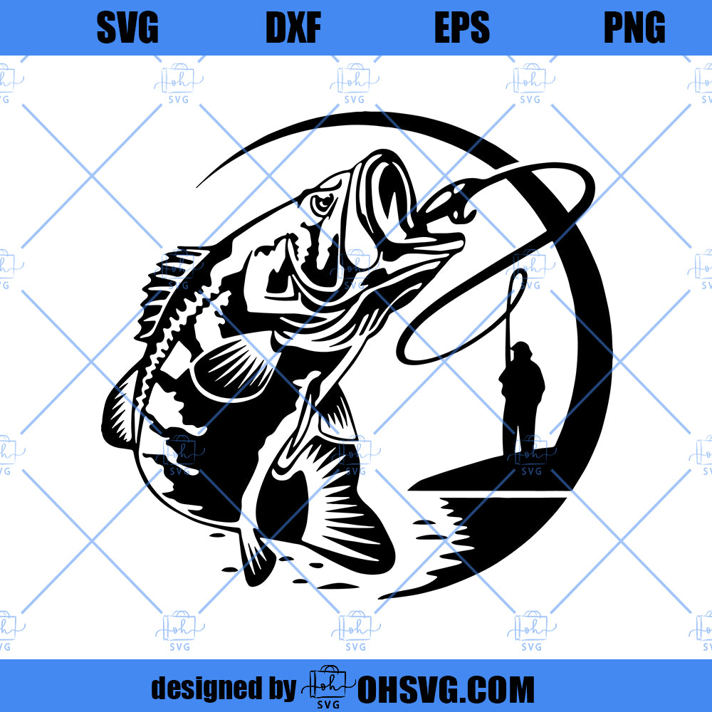 Bass Jumping SVG, Fishing SVG, Bass Fishing SVG, Fisherman Catching Fish SVG