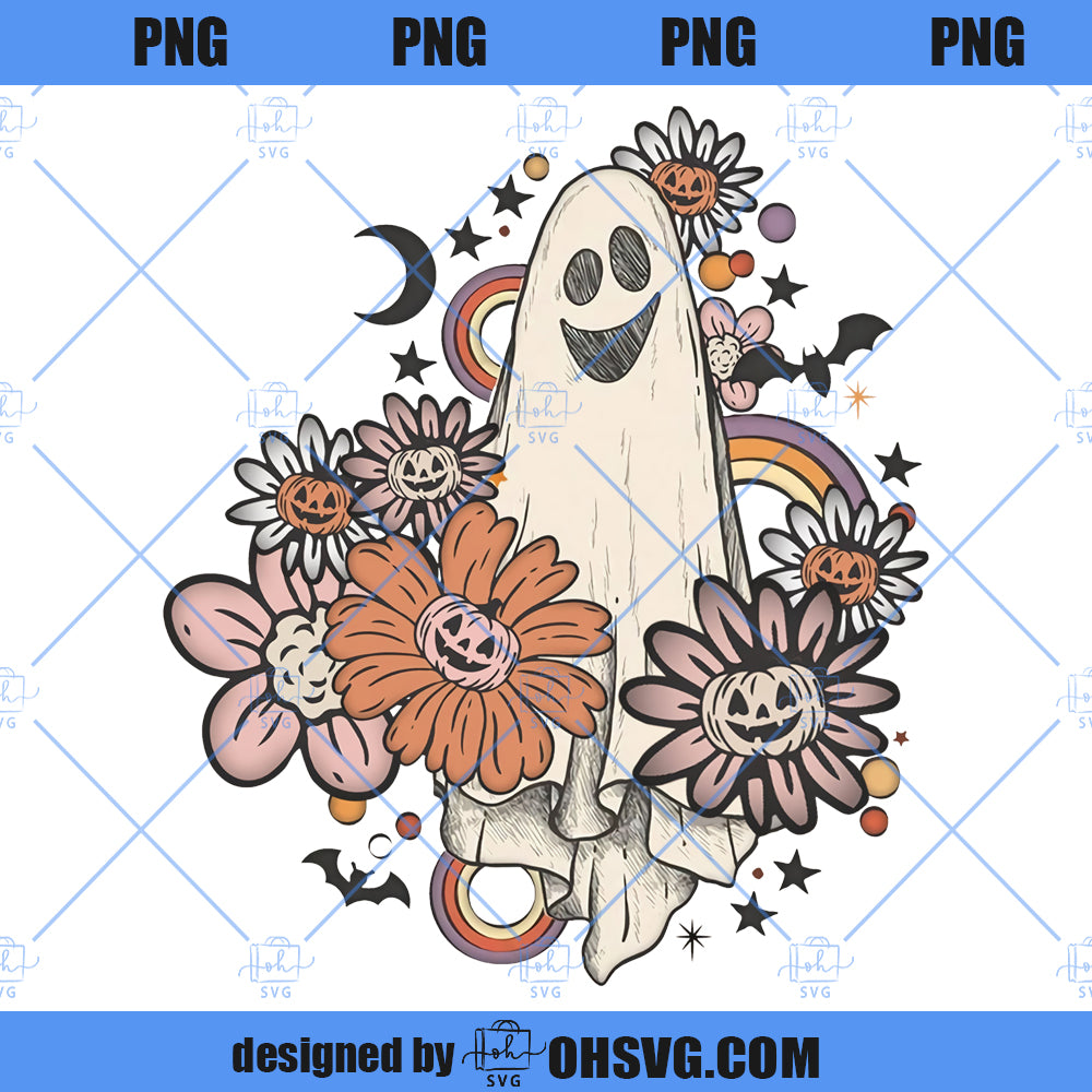 Retro Halloween PNG, Vintage Floral Ghost Halloween PNG, Retro Fall PNG, Vintage Ghost PNG