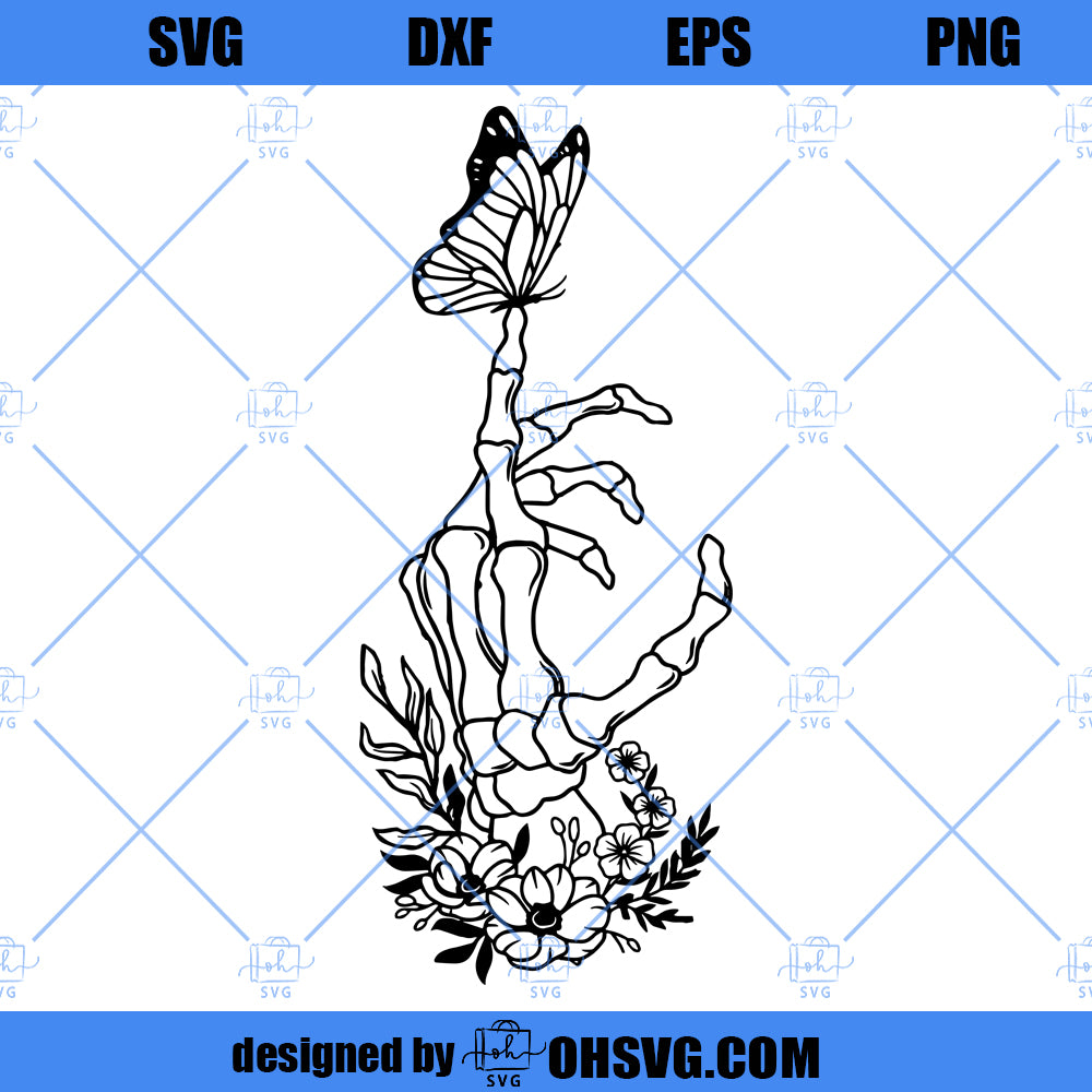 Floral skeleton hand Svg, Hand with butterfly Svg, Bones finger Svg, Skeleton hand Svg, Halloween cut file, File for cricut, Eps, Png, Dxf
