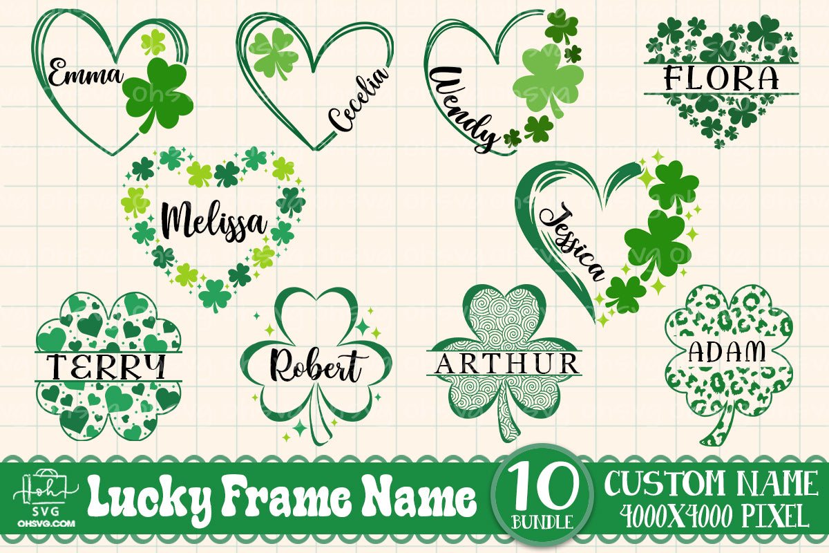 Shamrocks Custom Name Bundle PNG, St Patricks Day PNG, Four-leaf Clover Frame Name PNG