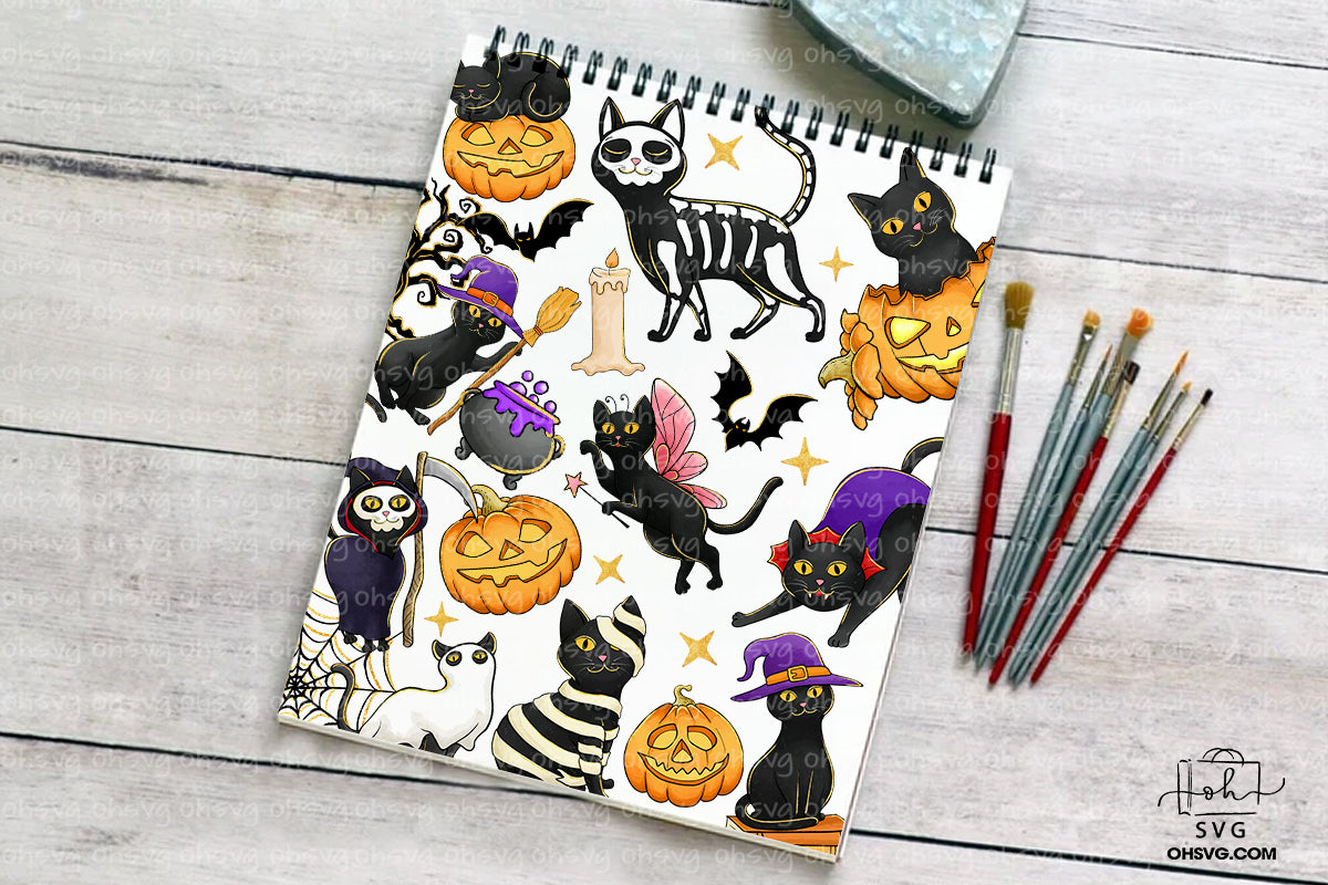 Halloween Black Cat Bundle PNG, Cat Halloween Clipart Illustration PNG