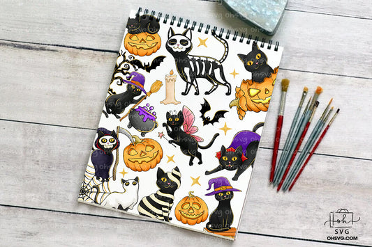 Halloween Black Cat Bundle PNG, Cat Halloween Clipart Illustration PNG