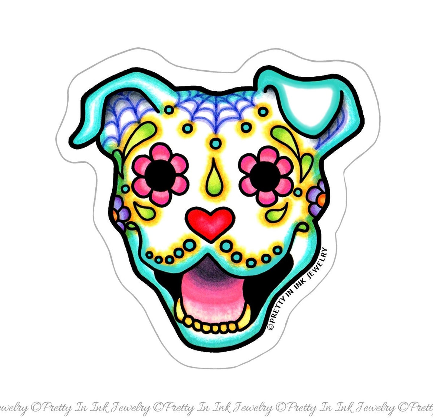 Smiling Pit Bull Sticker - Day of Dead Happy Sugar Skull Dog - Clear Vinyl Decal
