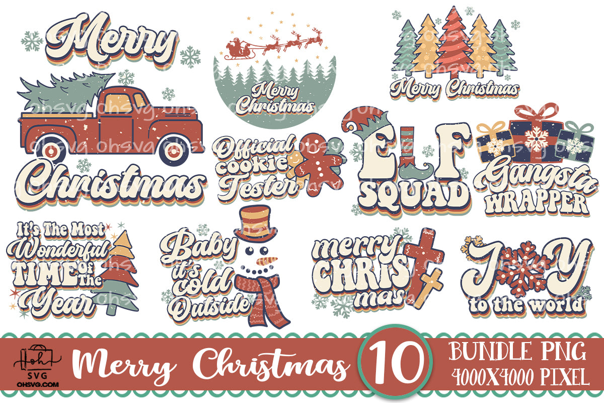 Vintage Christmas PNG Bundle, Christmas Sayings PNG, Vintage Retro Christmas PNG