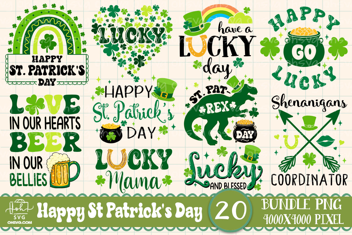 Happy St Patricks Day PNG Bundle, Shamrock PNG, Lucky St Patricks PNG