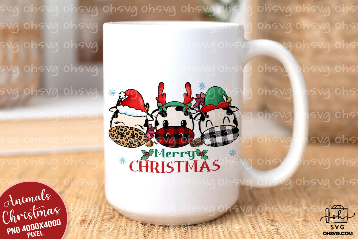 Merry Christmas Cow PNG, Plaid Leopard Cow PNG, Santa Reindeer Cow PNG