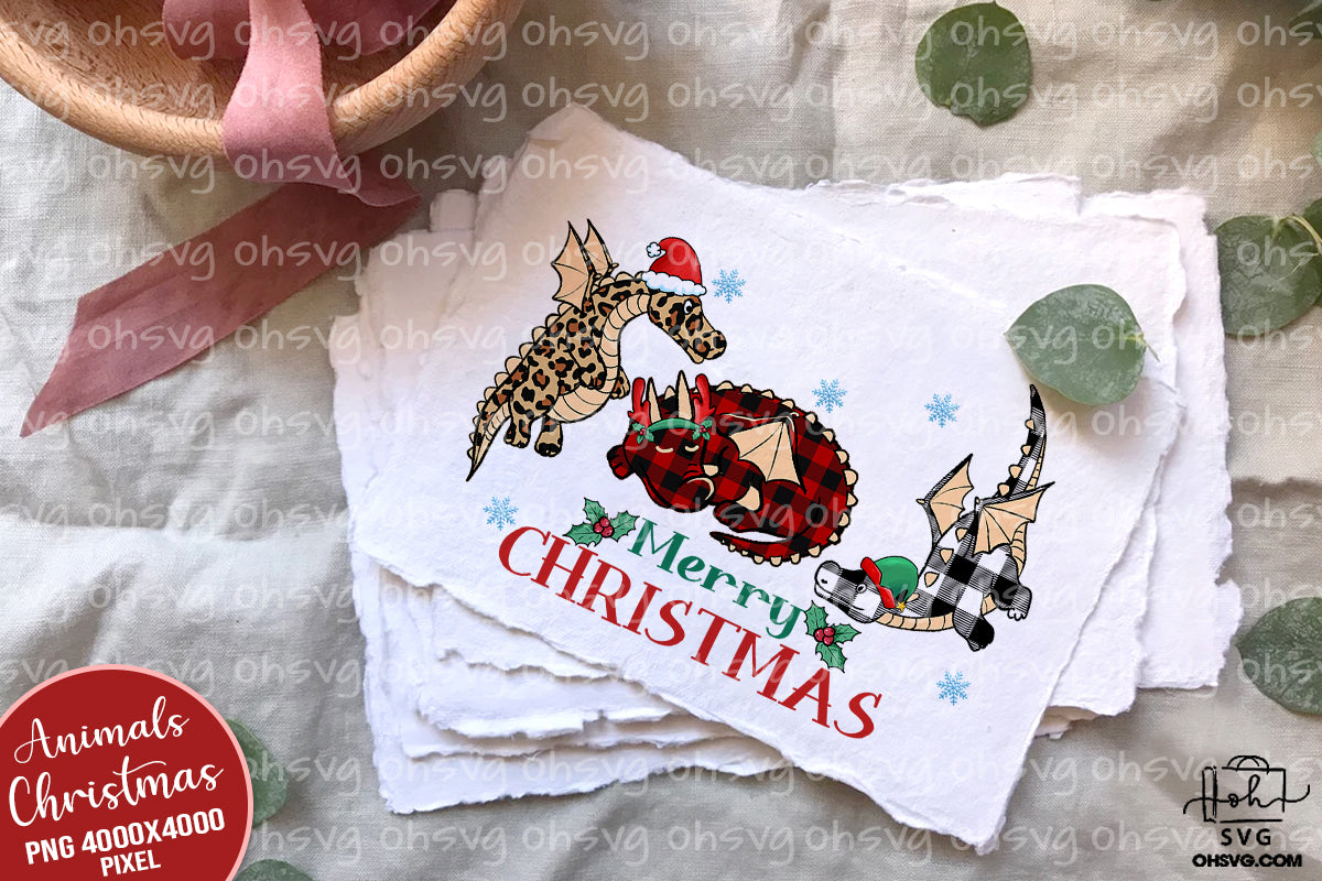 Merry Christmas Dragon PNG, Plaid Leopard Dragon PNG, Santa Reindeer Dragon PNG