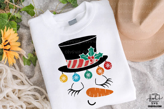 Snowman Face With Hat & Ornaments PNG, Cute Snowman Face PNG