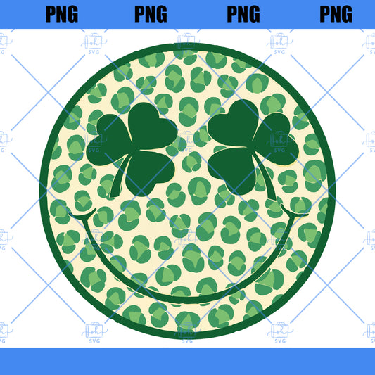 Happy St. Patrick's Day png Shamrock Png St Patty's png Retro Shamrock Leopard print png Leopard happy face png smile Digital PNG